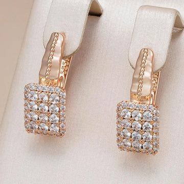 Classic Luxury 14K Rolled Rose Gold Full AAA Zircon Diamonds Square Earrings for Women - Daily Fine Jewellery